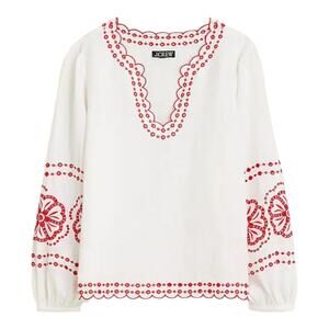 J. Crew White Blouse with Red Embroidery